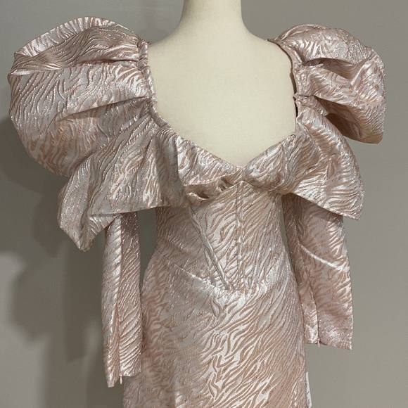 ASOS LUXE V Neck Puff Sleeve Corset Mini Jacquard Dress - Picture 6 of 10